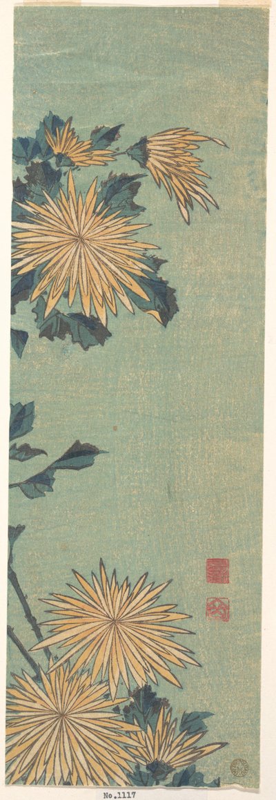Crisantemos amarillos sobre fondo azul de Katsushika Hokusai