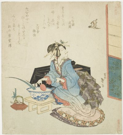 Geisha mirando hacia un cuco, de la serie "Cinco Festivales Anuales para el Círculo Katsushika (Katsushika gosekku)" de Katsushika Taito II