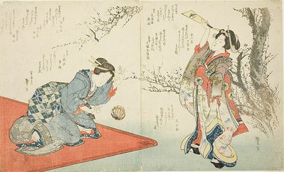 Dos mujeres jugando al volante de Katsushika Taito II