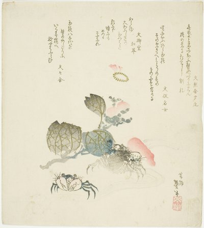 Dos Cangrejos junto a una Rociada de Camelia de Katsushika Taito II