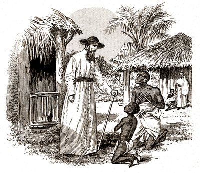 Un misionero católico en África practicando la conversión de un niño y su padre, c.1900 (grabado) de Alec Hunter