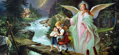 Un ángel de la guarda protege a dos niños que cruzan un río sobre un viejo puente de madera, principios del siglo XX (cromolitografía) de Alec Hunter