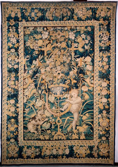 Tapiz. Enghien. Niño frente a un animal salvaje (Bambin taquinant un jeune fauve, De knaap met het jonge wilde dier). 363 cm x 259 cm. Un niño o putto burlándose de un animal salvaje, tal vez un leopardo, con una pera fijada en un palo. de Alec Hunter
