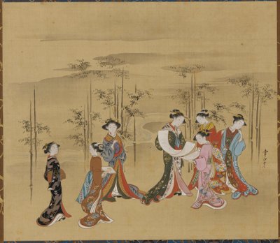 Siete mujeres jóvenes en un bosque de bambú, siglo XVIII de Kawamata Tsunemasa
