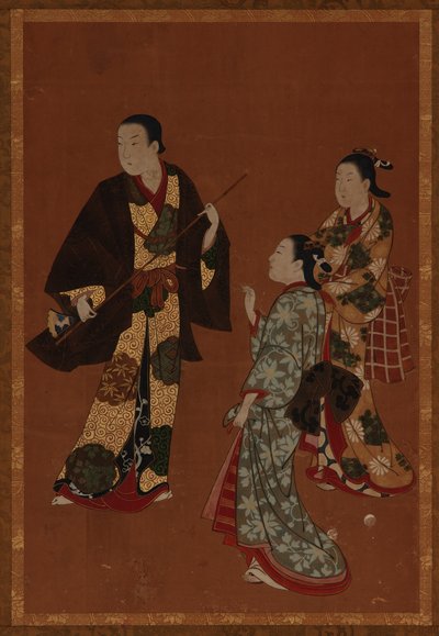 Un hombre, posiblemente un actor, y dos niñas, período Edo, siglo XVIII de Kawamata Tsuneyuki