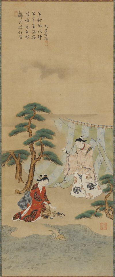 Joven y joven en la orilla del mar, período Edo, 1615-1868 de Kawamata Tsuneyuki