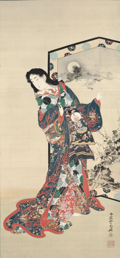 Belleza ante una pantalla de Kawanabe Kyosai