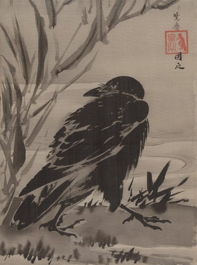 Cuervo y juncos junto a un arroyo de Kawanabe Kyosai