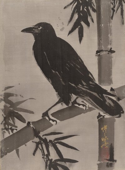 Cuervo en una rama de bambú de Kawanabe Kyosai