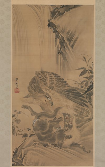 Águila atacando a un león de montaña, 1885 de Kawanabe Kyosai