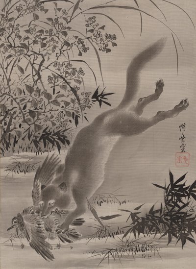 Zorro atrapando pájaro, ca. 1887 de Kawanabe Kyosai