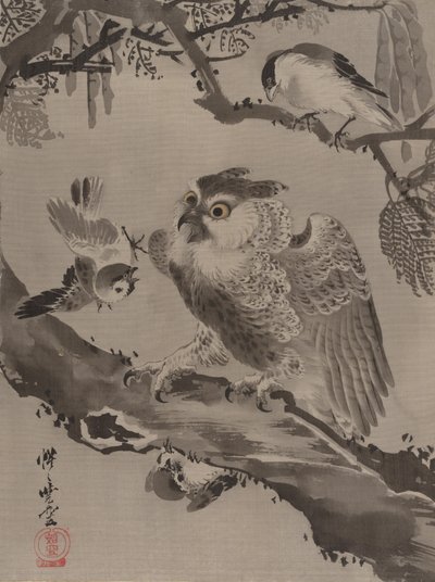 Búho burlado por pájaros pequeños, ca. 1887 de Kawanabe Kyosai