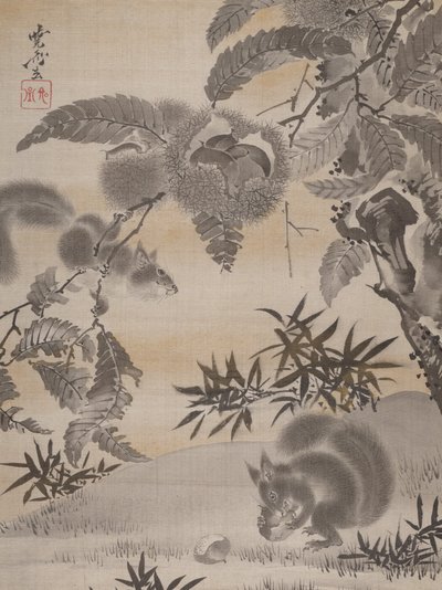 Ardillas recogiendo castañas de Kawanabe Kyosai