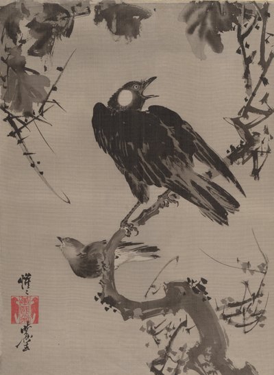 Estorninos en una rama de Kawanabe Kyosai