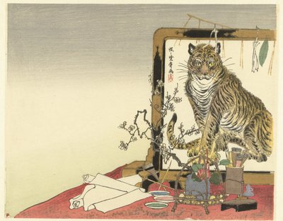 Bodegón con utensilios de pintura y biombo de Kawanabe Kyosai