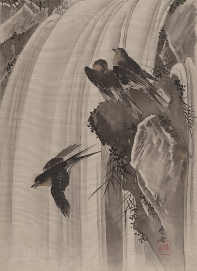 Golondrinas junto a una cascada, ca. 1887 de Kawanabe Kyosai