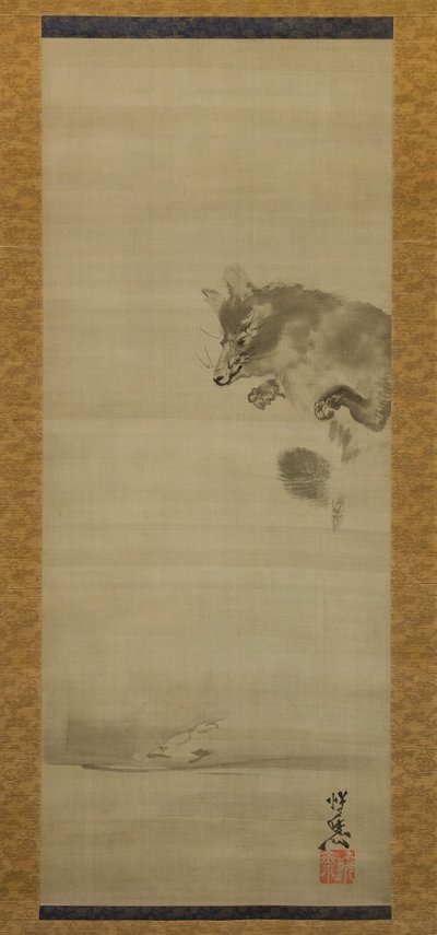 Tanuki Perro Mapache Viendo Su Reflejo en el Agua de Kawanabe Kyosai