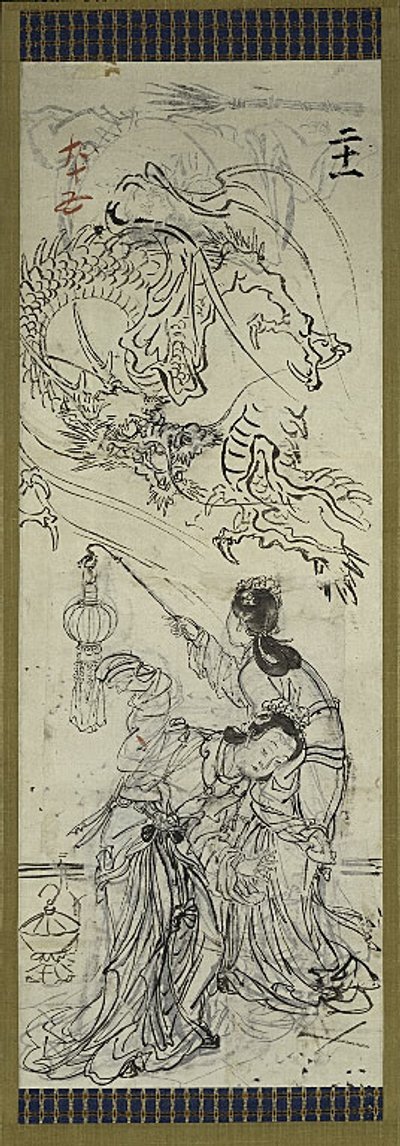 Dos chinas con dragón, uno de seis bocetos de Kawanabe Kyosai