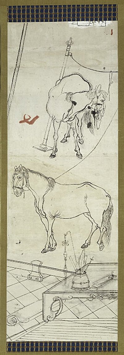 Dos caballos al estilo chino, uno de seis bocetos de Kawanabe Kyosai