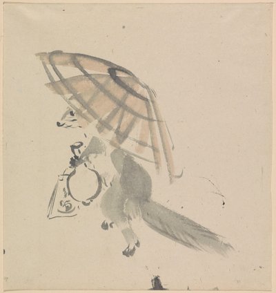 Zorro con jarra y sombrilla de Kawanabe Kyosai