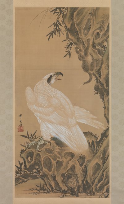 Águila blanca mirando a un león de montaña, 1885 de Kawanabe Kyosai