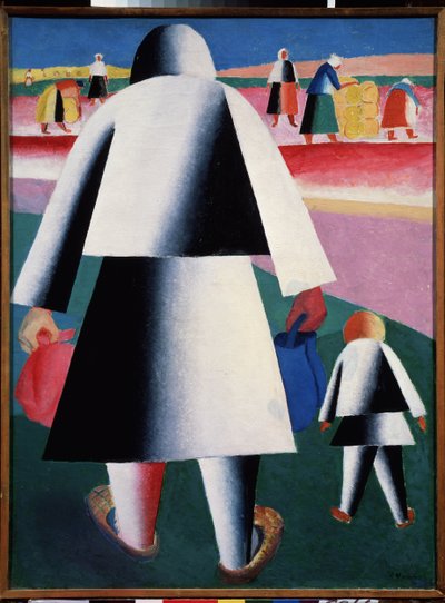 A la recolte (Martha et Vanka) (A la cosecha. Martha y Vanka). Una madre y su hija, representadas de espaldas, avanzan hacia un grupo de mujeres encorvadas que trabajan en el campo. Pintura de Kasimir Severinovich Malevich (Malevich, Malevic) (1878-1935),  de Kazimir Severinovich Malevich