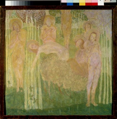Boceto para una pintura al fresco. Representación de santos con aureola, con rostros felices, cuerpos desnudos, reunidos en un jardín de árboles en flor. Obra de Kasimir Severinovich Malevich (Malevich, Malevic) (1878-1935), te de Kazimir Severinovich Malevich