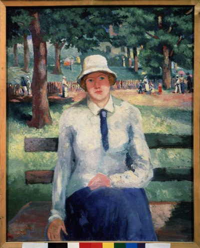 Mujer desempleada. (Niña Desempleada). Sentada en un banco de un parque público, a la sombra de los pinos en verano, su rostro preocupado se ve reforzado por la fila de paseantes al fondo. Pintura de Kasimir Severinovich Malevich (Malevich, Malevic) (1878- de Kazimir Severinovich Malevich