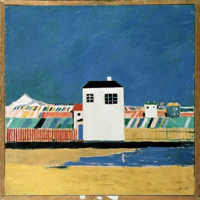 Paisaje con una Casa Blanca. Pintura de Kasimir Severinovich Malevitch (Malevich, Malevic) (1878-1935), óleo sobre lienzo, hacia 1930. Arte ruso, siglo XX, vanguardia, suprematismo, constructivismo. museo estatal ruso, de Kazimir Severinovich Malevich