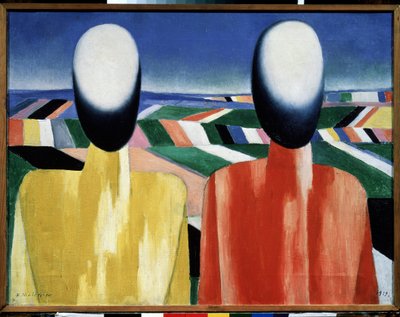 Campesinos (Campesinos). Dos cabezas sin rostro frente a un paisaje de campos de cultivo. Pintura de Kasimir Severinovich Malevitch (Malevich, Malevic) (1878-1935), óleo sobre lienzo, hacia 1930. Arte ruso, vanguardia, siglo XX, suprematismo. Musa estatal  de Kazimir Severinovich Malevich