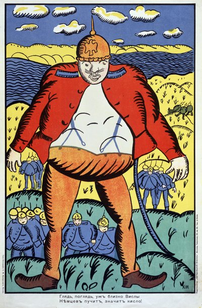 Mira, el Vístula no está lejos... (Mira, el Vístula no está lejos...). Primera Guerra Mundial (1914-1918), un gigantesco soldado alemán con su chaqueta abierta y un casco con púas, seguido por el resto de sus tropas, en Polonia, después del enfrentamiento  de Kazimir Severinovich Malevich