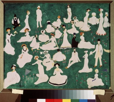 Relajación. Alta sociedad con sombreros de copa. (Relajante. Alta Sociedad con Sombreros de Copa). Escena de diversión y relajación en el césped de un parque. Obra de Kasimir Severinovich Malevitch (Malevich, Malevic) (1878-1935), acuarela, gouache y tinta de Kazimir Severinovich Malevich