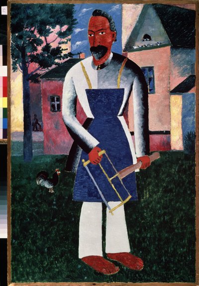 Residente de verano. (Residente de verano). Frente a un pueblo de campo en verano, retrato de un carpintero, descalzo, con un delantal sosteniendo sus herramientas. Pintura de Kasimir Severinovich Malevitch (Malevich, Malevic) (1878-1935), óleo sobre mader de Kazimir Severinovich Malevich