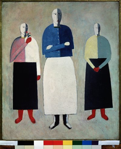 Tres Mujeres (Tres Niñas). Los tres son calvos, visten falda recta y chaleco abotonado. Pintura de Kasimir Severinovich Malevitch (Malevich, Malevic) (1878-1935), óleo sobre madera de Kazimir Severinovich Malevich