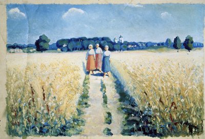 Trois femmes sur la route (Tres mujeres en el camino). Mujeres campesinas descalzas con vestimenta tradicional, caminando entre campos cultivados, en pleno verano, la temporada de cosecha agrícola. Pintura de Kasimir Severinovich Malevich (Malevich, Malevi de Kazimir Severinovich Malevich