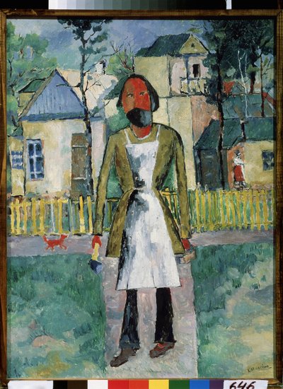 Un carpintero (Un carpintero). El artesano se para frente a un pueblo de campo, está vestido con su delantal de trabajo y sostiene sus herramientas en cada mano. Pintura de Kasimir Severinovich Malevitch (Malevich, Malevic) (1878-1935), óleo sobre madera de Kazimir Severinovich Malevich