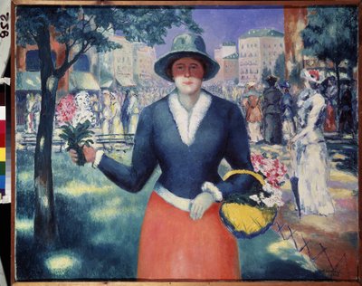 Una niña de las flores. Escena de verano, multitud camina en un parque público en medio de la ciudad, retrato de un vendedor de flores. Pintura de Kasimir Severinovich Malevich (Malevich, Malevic) (1878-1935), óleo sobre lienzo de Kazimir Severinovich Malevich