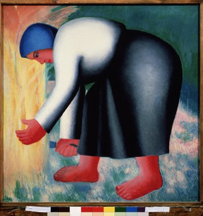 Un segador. Retrato de una mujer campesina doblada y descalza cosechando grano. Pintura de Kasimir Severinovich Malevitch (Malevich, Malevic) (1878-1935), óleo sobre madera de Kazimir Severinovich Malevich