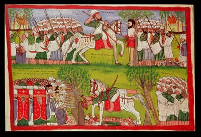La quema de iglesias por los musulmanes y la muerte de Cristóbal de Gama y la caída y muerte de Ahmed ibn Ibrahim al-Ghazi (1506-43) fusilado por un mosquetero portugués, c.1900 (óleo sobre lienzo) de Kegneketa Jemlieri Hailu of Gondar