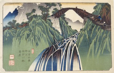 Vista lejana del puente sobre el río Ina en Nojiri, nº 41 (Nojiri Inagawabashi Enkei, 41) (xilografía en color) de Keisai (1790 1848) Eisen