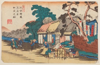 Ageo, cribado de grano, lámina 6 de la serie: Sesenta y nueve etapas de la ruta Kisokaidō / Kisokaidō rokujūkyū tsugi-no uchi de Keisai Eisen
