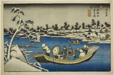 Vista lejana de la nieve en el río Sumida en Edo de Keisai Eisen