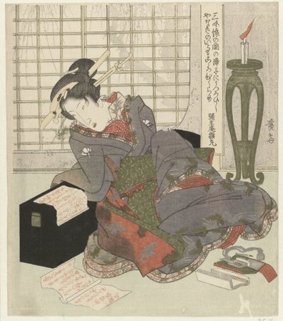 Una geisha se apoya en la caja de su shamisen de Keisai Eisen