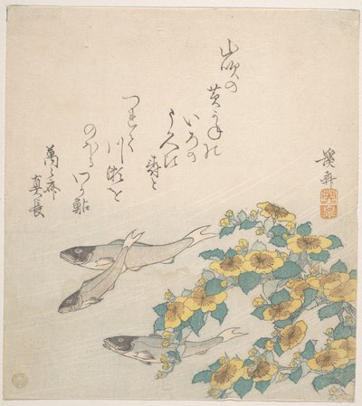 Peces nadando con flores amarillas de Keisai Eisen