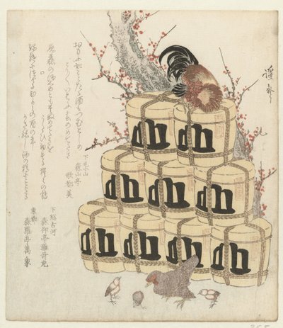 Gallo en una pila de barriles de sake de Keisai Eisen