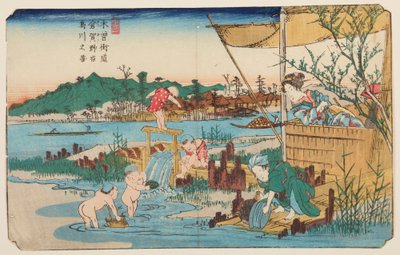 Kuragano, niños jugando en el agua, lámina 13 de la serie: Las sesenta y nueve estaciones del camino de Kisokaido de Keisai Eisen