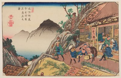 Narai, transeúntes ante una tienda en un camino de montaña, lámina 35 de la serie: Sesenta y nueve estaciones de la ruta Kisokaido / Kisokaido rokujukyu tsugi-no uchi de Keisai Eisen