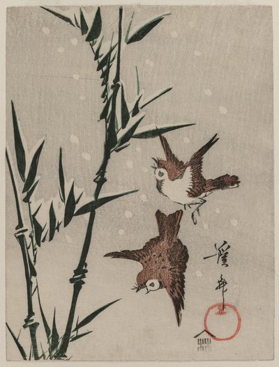 Gorriones, Bambú y Nieve Cayendo, c. finales de 1820 de Keisai Eisen
