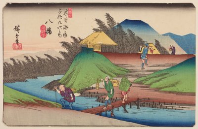 Yawata, cabaña en una colina sobre un arroyo, lámina 25 de la serie: Las sesenta y nueve estaciones de la carretera Kisokaido de Keisai Eisen