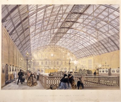 Interior de la Estación de Charing Cross mostrando trenes y el techo de hierro, Londres de Kell Brothers